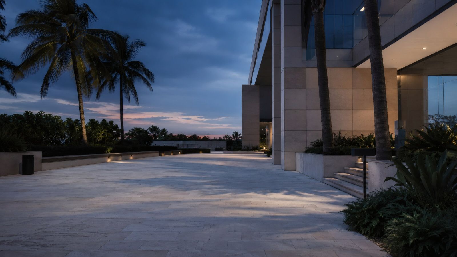 Palm-lined terrace of an office building at dusk