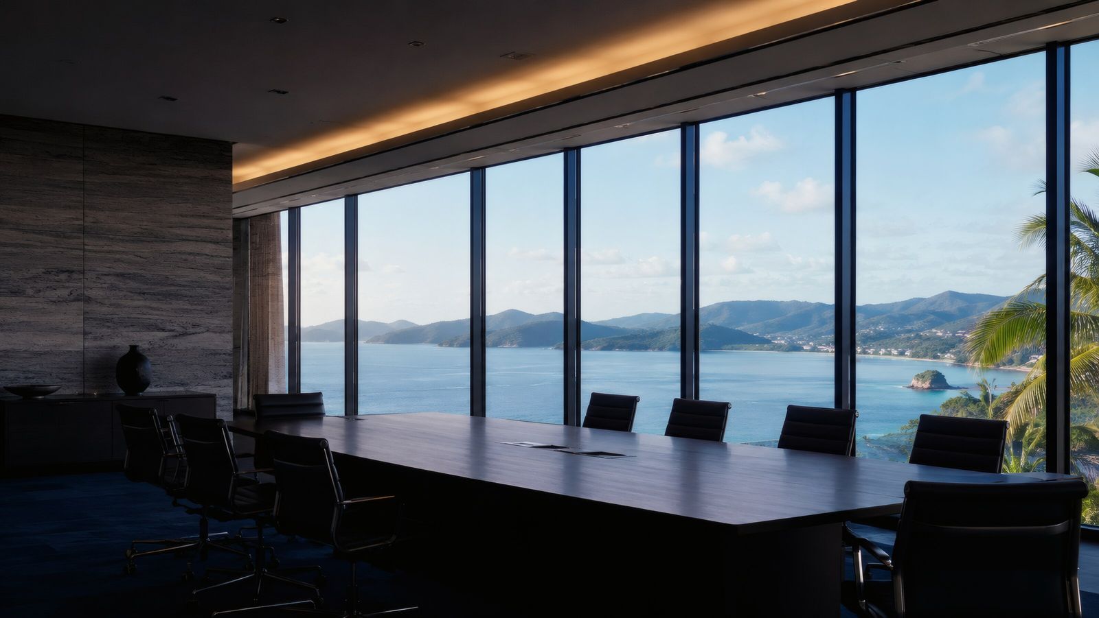 Boardroom with windows facing the sea