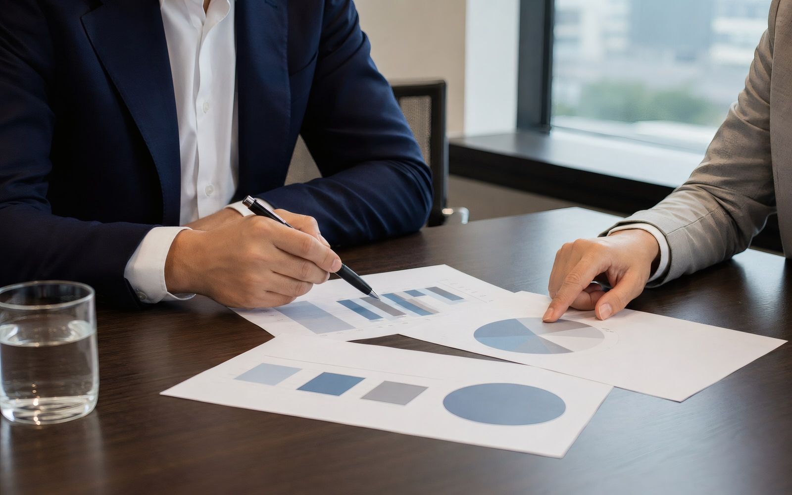Two advisers reviewing printed charts at a desk