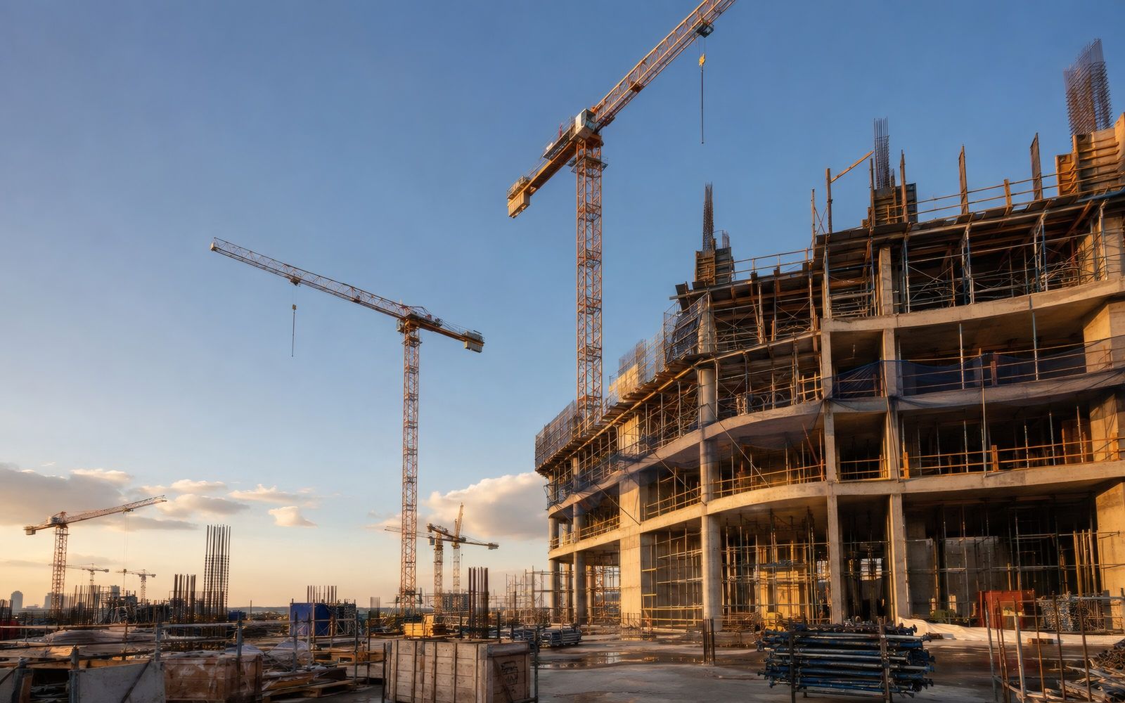 Construction site with tower cranes at dusk