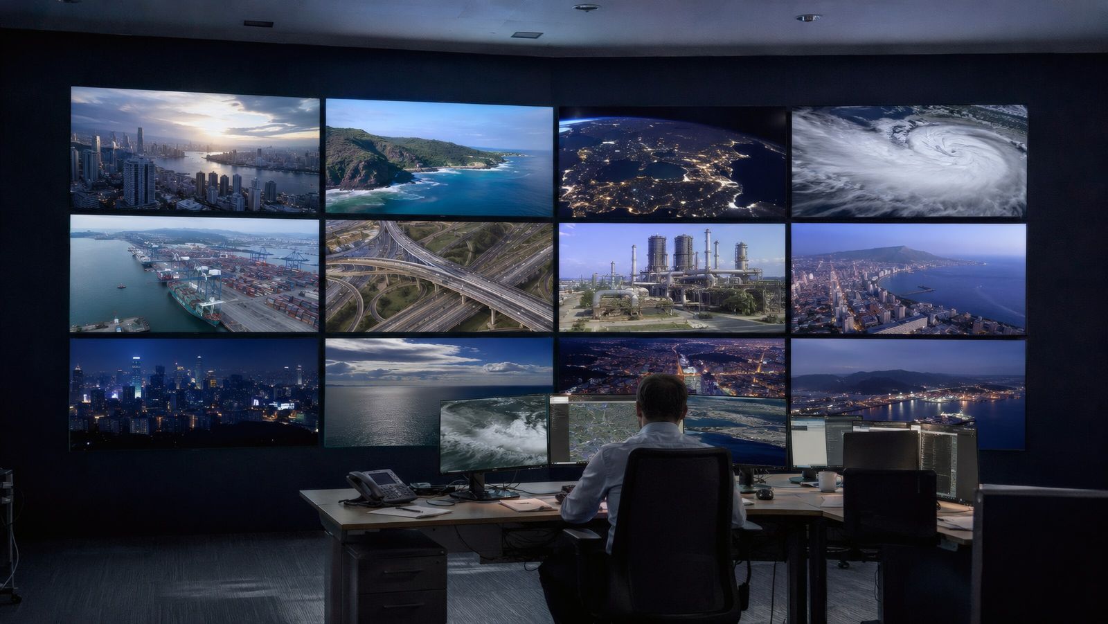 Operator in front of a wall of monitoring screens