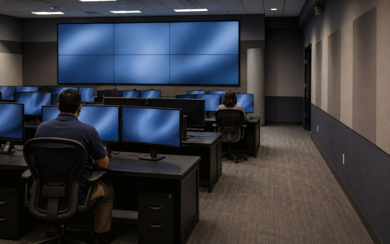 Security operations room with analysts at monitors