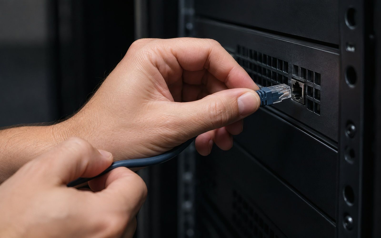 Hand connecting a network cable to a server