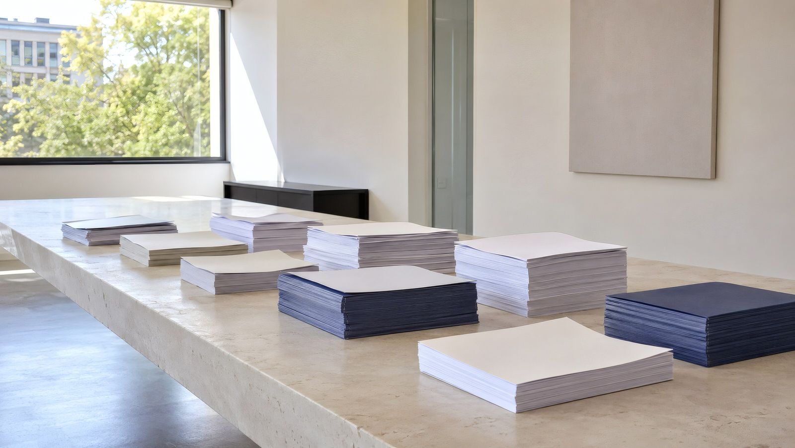 Stacks of printed documents on a long table