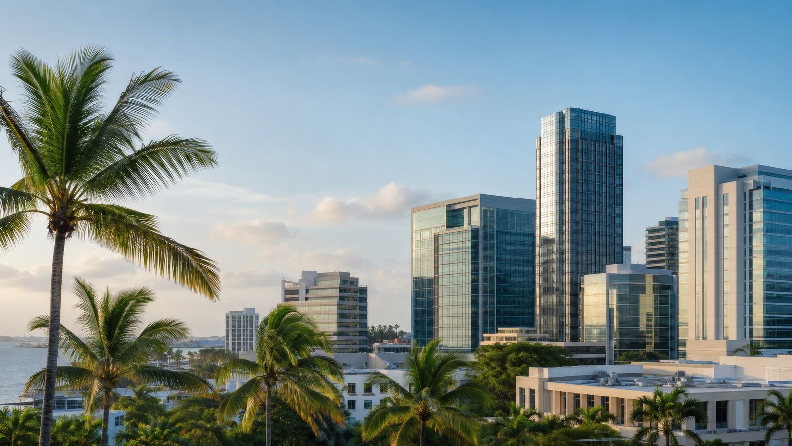Office towers behind palm trees