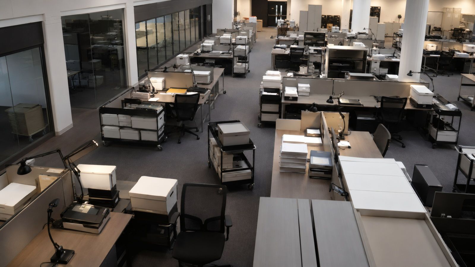 Office floor with document boxes during a review