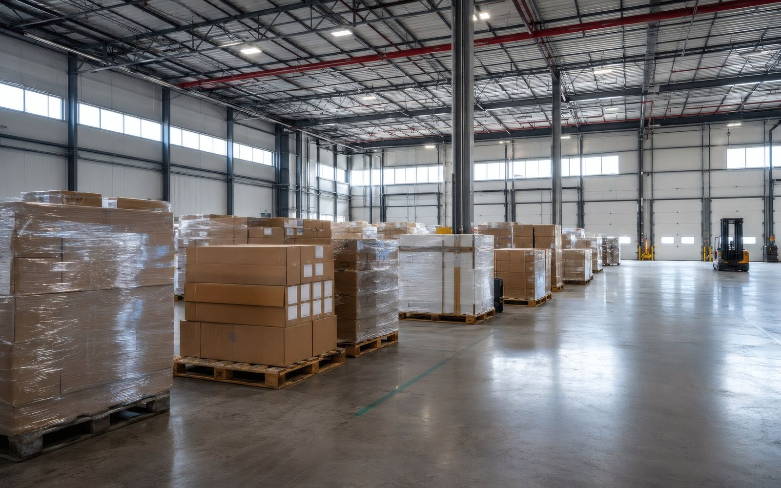 Warehouse floor with wrapped pallets of goods