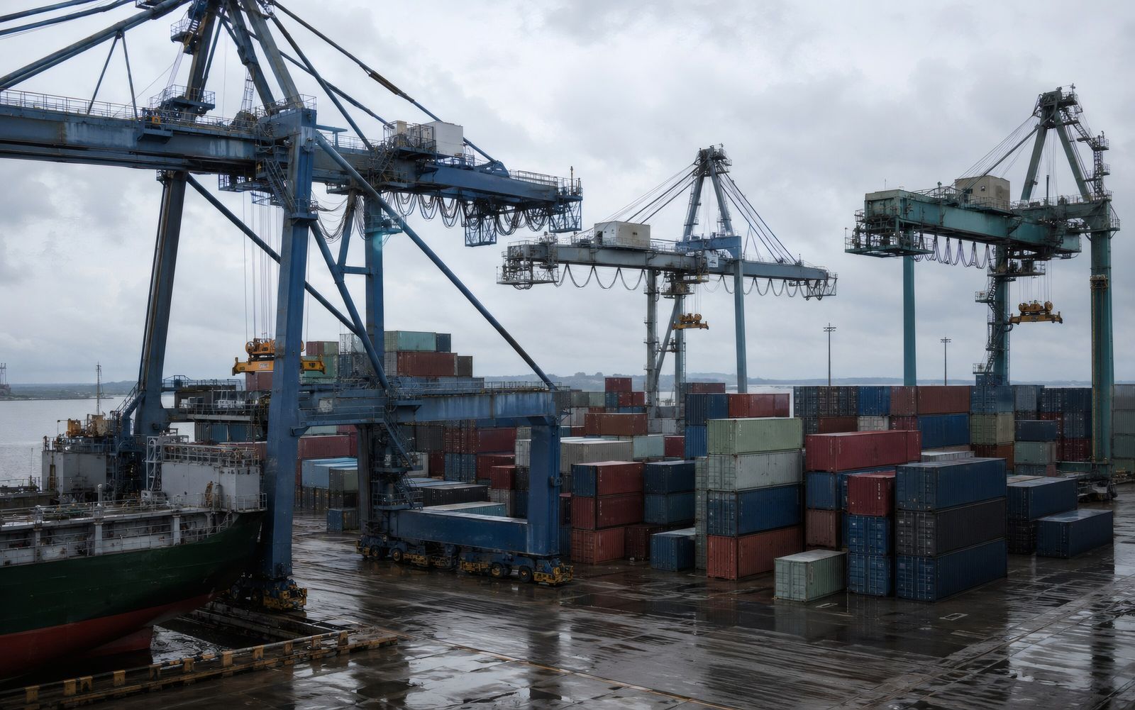 Port cranes above stacked shipping containers