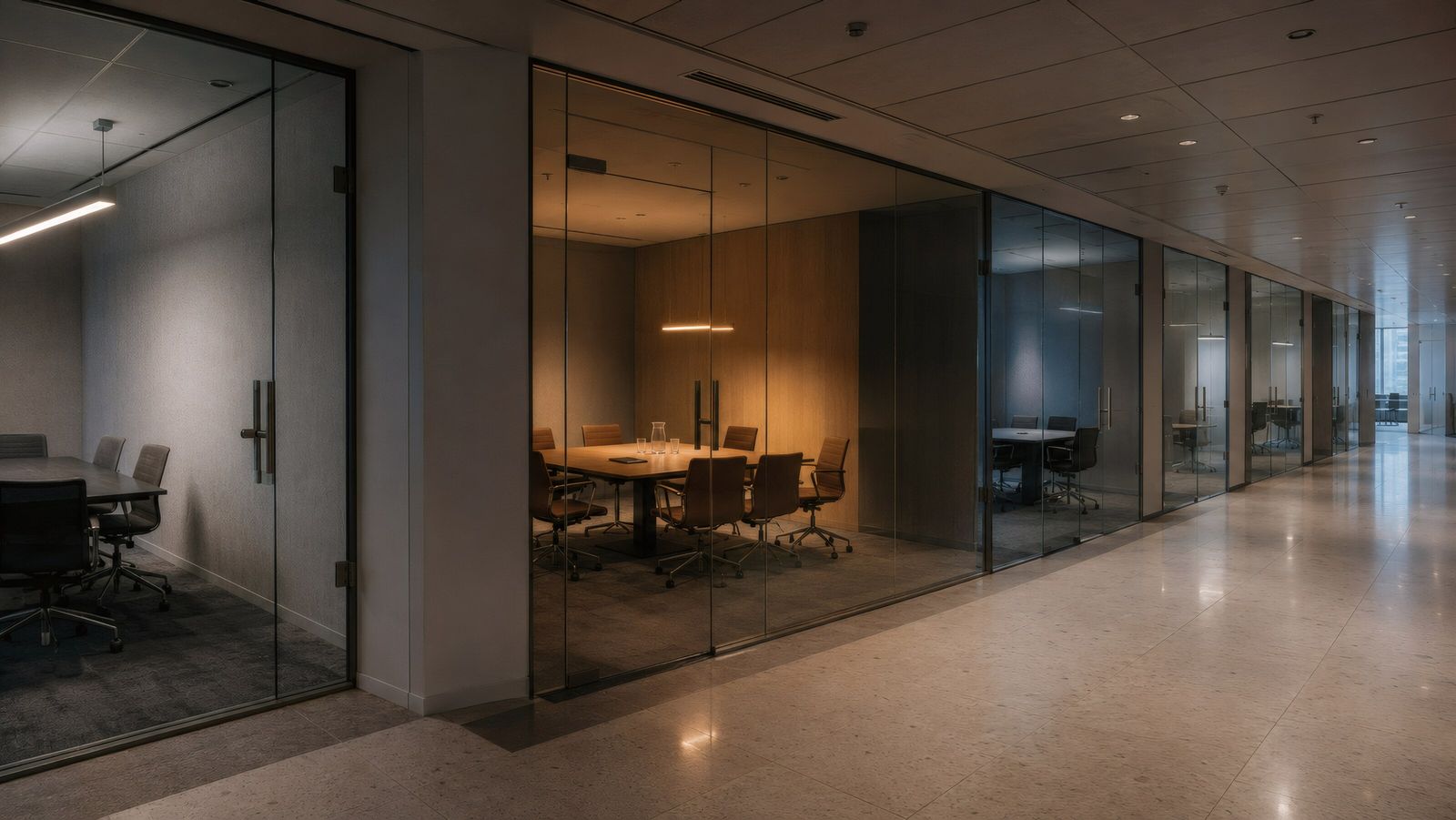 Glass-walled meeting room in an office corridor