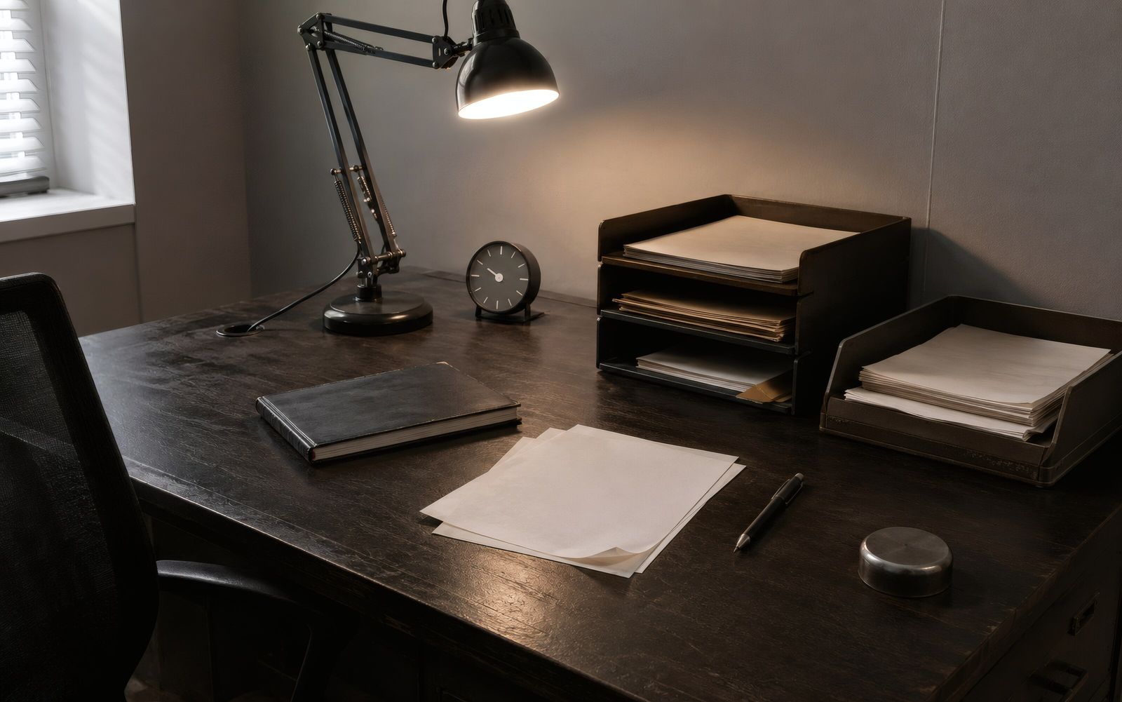 Desk lamp, document trays and papers on a desk