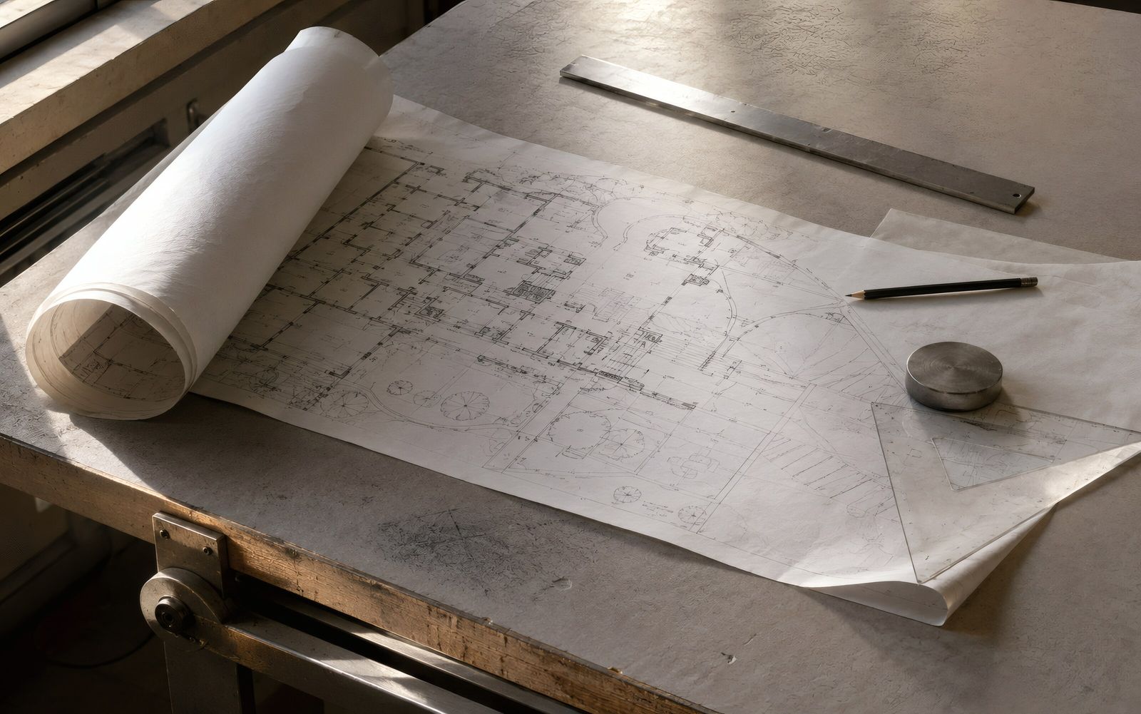 Rolled plans and drawings on a drafting table