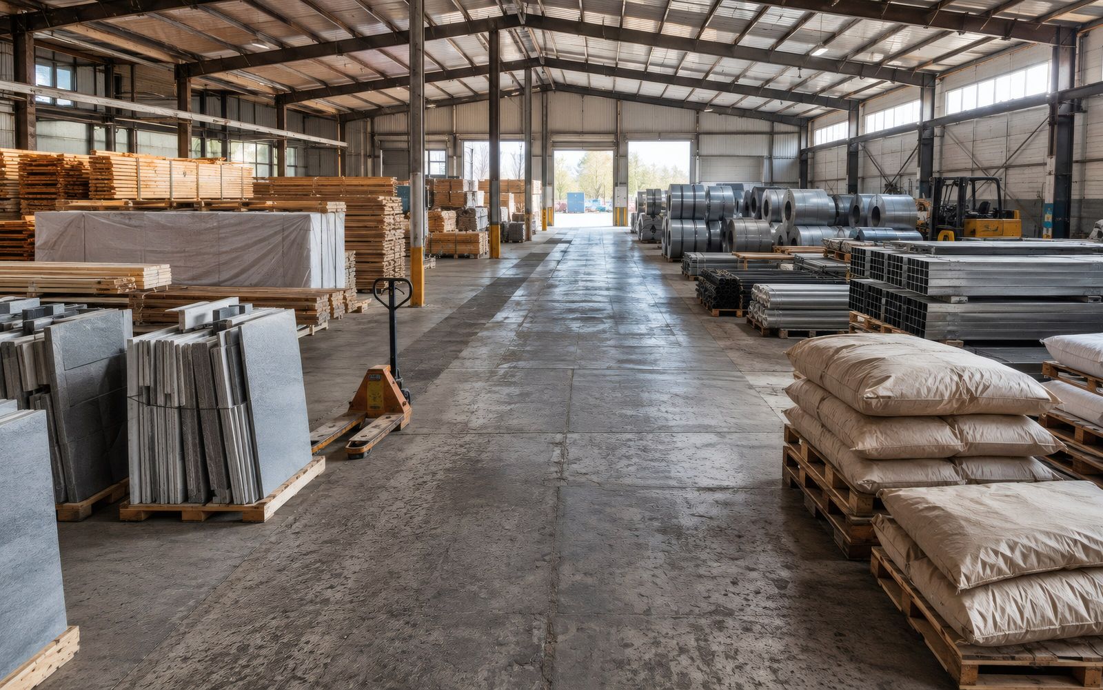 Warehouse with building materials and sacks on pallets