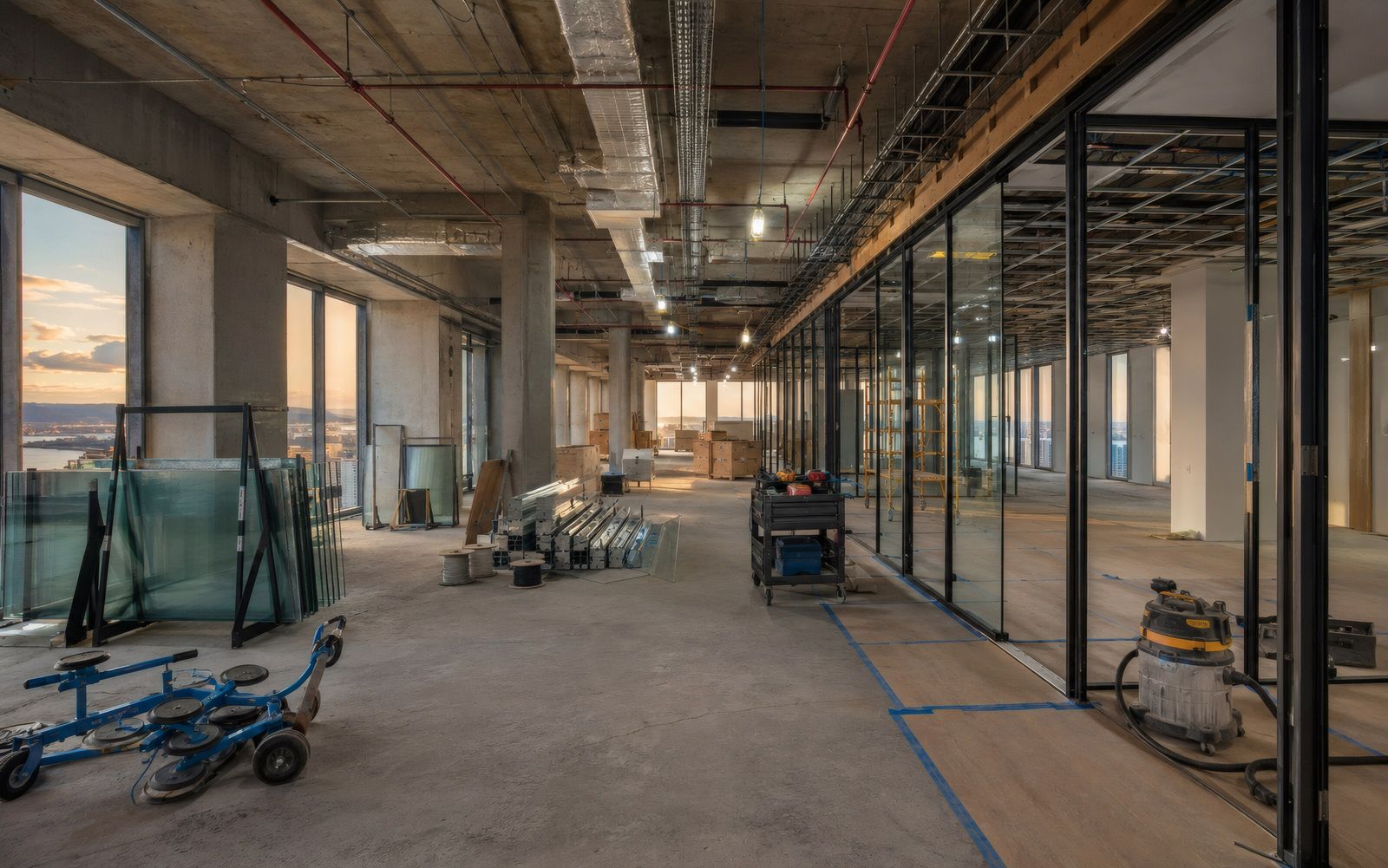 Office floor under fit-out with glass partitions